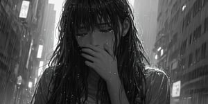 score_9, score_8_up, 1girl, raining, detailed hair strands, long hair, long bangs, sad face, cinematic, illuminating light, backlight, light particles, bokeh, city night glow, wet clothes, soaked, glistening skin, wet hair, look down, greyscale, chiaroscuro lighting, from below, tears, crying, covering mouth, in grief