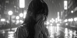 score_9, score_8_up, 1girl, raining, detailed hair strands, long hair, long bangs, sad face, cinematic, illuminating light, backlight, light particles, bokeh, city night glow, wet clothes, soaked, glistening skin, wet hair, look down, greyscale, chiaroscuro lighting, tears, crying, covering mouth, in grief