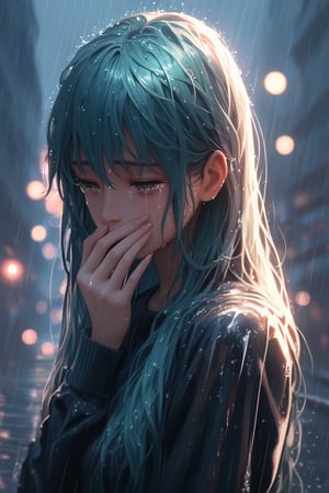 score_9, score_8_up, 1girl, raining, detailed hair strands, long hair, long bangs, sad face, cinematic, illuminating light, backlight, light particles, bokeh, city night glow, wet clothes, soaked, glistening skin, wet hair, look down, chiaroscuro lighting, tears, crying, covering mouth, in grief, side view