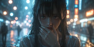 score_9, score_8_up, 1girl, raining, detailed hair strands, long hair, long bangs, sad face, cinematic, illuminating light, backlight, light particles, bokeh, city night glow, wet clothes, soaked, glistening skin, wet hair, look down, chiaroscuro lighting, tears, crying, covering mouth, in grief