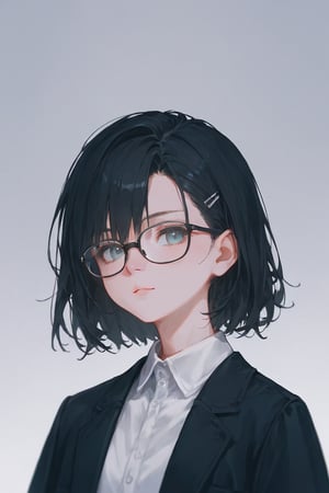 score_9,score_8_up, qru, 1girl, portrait, wolfcut, long sidelocks, black hair, glasses