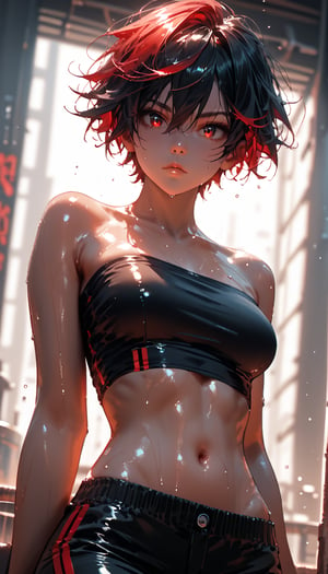 score_9,score_8_up, depth of field, spats, tube top, sweating, glistening skin, black hair, red inner hair, tomboy, short hair, red eyes, detailed eyes, navel, volumetric lighting, warm tone, indoor, dynamic angle