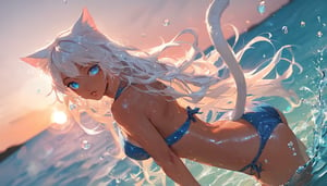 score_9,score_8_up, cat girl, cat tail, bikini, depth of field, sweating, glistening skin, tanned skin, white hair, long hair, blue eyes, detailed eyes, parted lips, posing, water splashes, water droplets, lens flare, volumetric lighting, warm tone, sunset, soaked, dynamic angle, sea