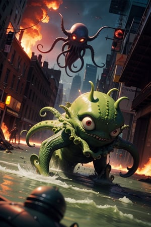 greenish alien octopus-shaped monsters with black eyes invade New York,background:overrun New York,battle scenes,terror,terrified mob,debris,green slime,green slime explosions,wears a baggy sweater, dutch angle
