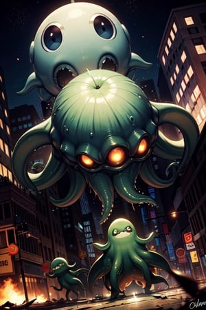 greenish alien octopus-shaped monsters with black eyes invade New York,background:overrun New York,battle scenes,terror,terrified mob,debris,green slime,green slime explosions,dutch angle