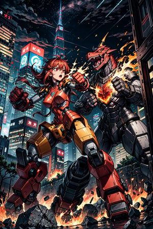 "Battle ensues as a small, rugged metal toy robot with fiery-red eyes and powerful fists clashes with a towering magma dinosaur amidst the bustling cityscape of Tokyo."