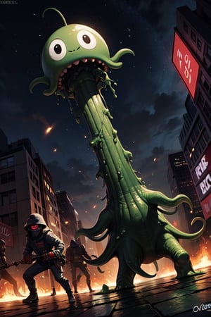 greenish alien octopus-shaped monsters with black eyes invade New York,background:overrun New York,battle scenes,terror,terrified mob,debris,green slime,green slime explosions,dutch angle