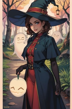 1woman 40yo, solo, medium hair, brown hair,  green eyes, elbow gloves, lips, halloween, witch hat, witch costume, long skirt, realistic, in intricate in a dark forest, colorful,BREAK, (a cute ghost:1.4), (big round eyes), (shy smile), (peeking out:1.4), (soft glow casting a warm light) onto the path ahead,night,SFW,comics