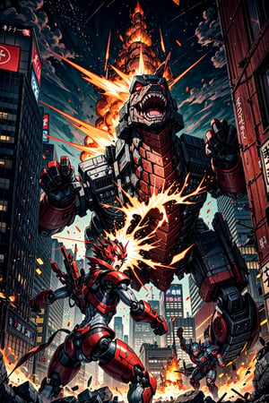 "Battle ensues as a small, rugged metal toy robot with fiery-red eyes and powerful fists clashes with a towering magma dinosaur amidst the bustling cityscape of Tokyo."