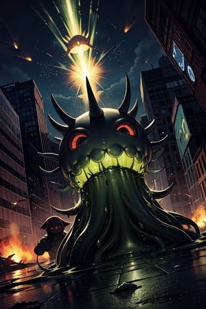 greenish alien octopus-shaped monsters with black eyes invade New York,background:overrun New York,battle scenes,terror,terrified mob,debris,green slime,green slime explosions,dutch angle