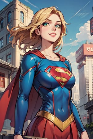 supergirl, supergirl costume, anime, medium boobs, perfect face, ginger hair, perfect hands, 5 fingers, seducing smile, v4, 8k, small breasts, (upper body view), light green eyes, Emerald eyes, symbol-shaped pupils, (background: on city building), night light, night, jim lee,
