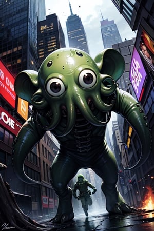 greenish alien octopus-shaped monsters with black eyes invade New York,background:overrun New York,battle scenes,terror,terrified mob,debris,green slime,green slime explosions,dutch angle