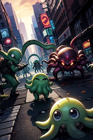 greenish alien octopus-shaped monsters with black eyes invade New York,background:overrun New York,battle scenes,terror,terrified mob,debris,green slime,green slime explosions,dutch angle