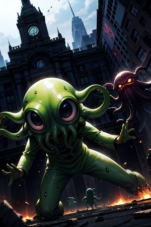 greenish alien octopus-shaped monsters with black eyes invade New York,background:overrun New York,battle scenes,terror,terrified mob,debris,green slime,green slime explosions,dutch angle