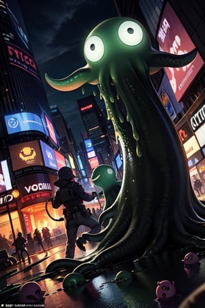 greenish alien octopus-shaped monsters with black eyes invade New York,background:overrun New York,battle scenes,terror,terrified mob,debris,green slime,green slime explosions,dutch angle