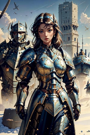 ((best quality)),  (((masterpiece))),  (highres),  original,  extremely detailed 8K wallpaper,  steampunk art,  (((an extremely delicate and beautiful ))), 1girl,  , (With a armored warrior in the background:1.5), With a armored warrior in the background, (A armored warrior stands behind)