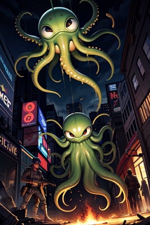 greenish alien octopus-shaped monsters with black eyes invade New York,background:overrun New York,battle scenes,terror,terrified mob,debris,green slime,green slime explosions,dutch angle