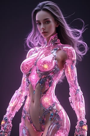 small squared-fire glass, sexy mecha girl, glass uniform, front facing, fullbody, front side, subsurface scattering, volumetric light, transparent, translucent skin, glow, bloom,3d style,cyborg style,Movie Still,3d, (full_body:1.4), high heels, wide_shot, curvy_figure, on_one_foot, big_breasts, pink glow,
