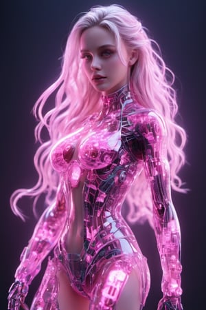 small squared-fire glass, sexy mecha girl, glass uniform, front facing, fullbody, front side, subsurface scattering, volumetric light, transparent, translucent skin, glow, bloom,3d style,cyborg style,Movie Still,3d, (full_body:1.9), wide_shot, curvy_figure, on_one_foot, big_breasts, pink glow, thighhigh boots,  high_heel_boots, braided_hair, long_ponytail,
