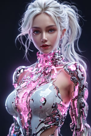 small squared-fire glass, sexy mecha girl, glass uniform, front facing, fullbody, front side, subsurface scattering, volumetric light, transparent, translucent skin, glow, bloom,3d style,cyborg style,Movie Still,3d, (full_body:1.9), wide_shot, curvy_figure, on_one_foot, big_breasts, pink glow, thighhigh boots,  high_heel_boots, braided_hair, long hair,  high ponytail, white hair, perfect feet, panorama,