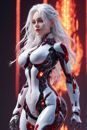 small squared-fire glass, sexy mecha girl, glass uniform, front facing, fullbody, front side, subsurface scattering, volumetric light, cybernetic body, transparent, translucent skin, glow, bloom,3d style,cyborg style,Cinematic Shot,3d, (full_body:1.9), wide_shot, curvy_figure, on_one_foot, big_breasts, red glow, thighhigh boots,  high_heel_boots, braided_hair, long hair, twintails, white hair,  (chubby:1.5), (negative space),