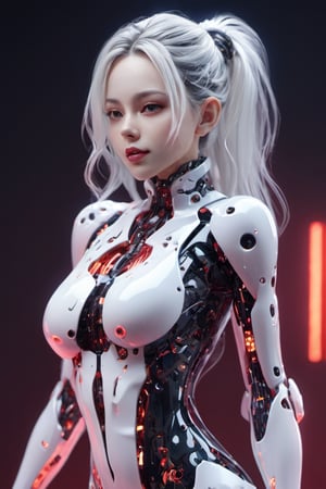 small squared-fire glass, sexy mecha girl, glass uniform, front facing, fullbody, front side, subsurface scattering, volumetric light, (cybernetic body:1.4), transparent, translucent skin, glow, bloom,3d style,cyborg style,Cinematic Shot,3d, (full_body:1.9), wide_shot, curvy_figure, on_one_foot, big_breasts, red glow, thighhigh boots,  high_heel_boots, braided_hair, long hair, twintails, white hair,  (chubby:1.9), (negative space:1.4), (white space),