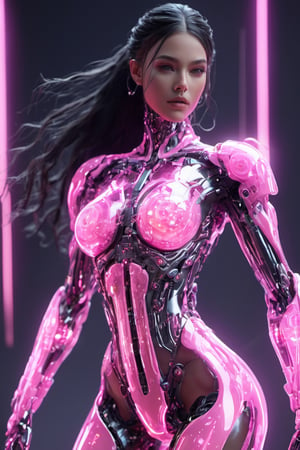 small squared-fire glass, sexy mecha girl, glass uniform, front facing, fullbody, front side, subsurface scattering, volumetric light, transparent, translucent skin, glow, bloom,3d style,cyborg style,Movie Still,3d, (full_body:1.9), wide_shot, curvy_figure, on_one_foot, big_breasts, pink glow, thighhigh boots,  high_heel_boots, braided_hair, long hair,  high ponytail