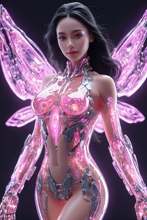 small squared-fire glass, sexy mecha girl, glass uniform, front facing, fullbody, front side, subsurface scattering, volumetric light, transparent, translucent skin, glow, bloom,3d style,cyborg style,Movie Still,3d, (full_body:1.4), high heels, wide_shot, curvy_figure, on_one_foot, big_breasts, pink glow,