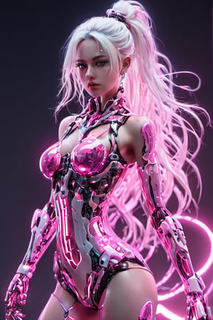small squared-fire glass, sexy mecha girl, glass uniform, front facing, fullbody, front side, subsurface scattering, volumetric light, transparent, translucent skin, glow, bloom,3d style,cyborg style,Movie Still,3d, (full_body:1.9), wide_shot, curvy_figure, on_one_foot, big_breasts, pink glow, thighhigh boots,  high_heel_boots, braided_hair, long hair,  high ponytail, white hair, perfect feet, panorama,