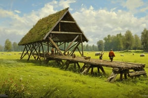 (best quality, masterpiece),photographs,perfect artwork, a wooden trestle on the lawn,meadow,wildlife garden, 8k, highly detailed, high resolution, ( very detailed background, detailed complex background ),painting by jakub rozalski,greg rutkowski,6000