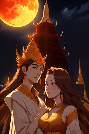 Beautiful Couple, 
Pretty Face,  High Detail Face, Myanmar Bagan Pagoda Background, Night Scenery, Full Moon, fantastic sky, dramatic lighting, high dynamic, classical_mythology, ancient dress