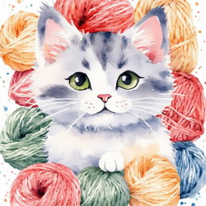 cute cat all of yarn , watercolor, white background, Praful Sawant,