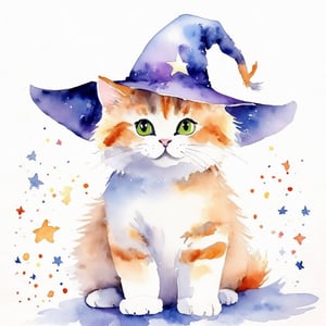 cat in a wizard's hat, watercolor, white background, Prafull Sawant