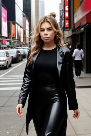 A beautiful eighteen-year-old girl, Billie Piper, sexy mirror suit runs down the street of New York