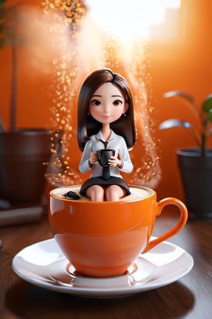 a cup of coffee, a beautiful girl in an office dress code is sitting inside a cup of coffee a digital rendering, by Goro Fujita, Shutterstock, orange fog, beans, super cute, stock photo