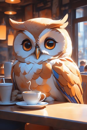 
clear contours, sharpness, cute owl drinks coffee in a cafe, in the style of realistic usage of light and color, anime aesthetic, paul bonner, cute and colorful, light orange and blue,  in the style of soft-focused realism, poolcore, anime aesthetic, violet and amber,  nostalgic paintings