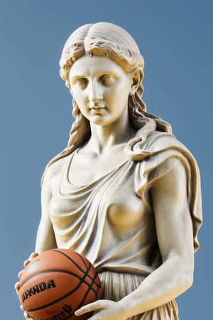 basketball portrait marble statue of a Greek goddess with a basketball  Doric order, on a blue background