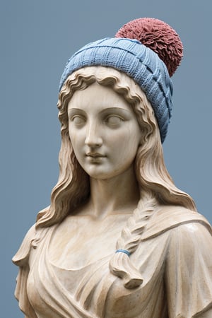 portrait of a marble statue of a Greek goddess in a pink knitted hat with a pompom, in a Doric order, on a blue background