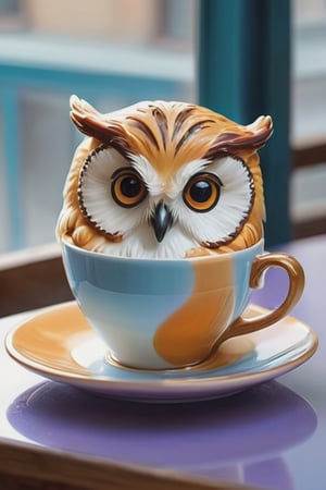 clear contours, sharpness, cute owl drinks a cup of espresso coffee in a cafe a saucer with croissants, , in the style of realistic usage of light and color, anime aesthetic, paul bonner, cute and colorful, light orange and blue,  in the style of soft-focused realism, poolcore, anime aesthetic, violet and amber,  nostalgic paintings,tamannah bhatia