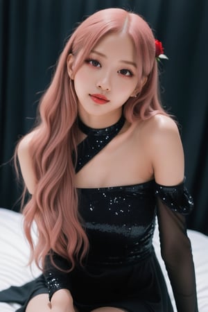 look at viewer ,red eyes make up,red lips,grin,portrait,realistic photography of 20 years old girl,roses_are_rosie,(/Rose Blackpink/),looking at viewer,pink long flowing hair,holding roses,tight black glitter bare shoulder short dress,lift up skirt,panty,long sock,thigh high,sitting in studio,recording music room,

embedding:ImgFixerPre0.3, embedding:SimplepositiveXLv1, 