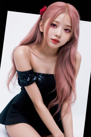 look at viewer ,red eyes make up,red lips,grin,portrait,realistic photography of 20 years old girl,roses_are_rosie,(/Rose Blackpink/),looking at viewer,pink long flowing hair,holding roses,tight black glitter bare shoulder short dress,lift up skirt,panty,long sock,thigh high,sitting in studio,recording music room,

embedding:ImgFixerPre0.3, embedding:SimplepositiveXLv1, 