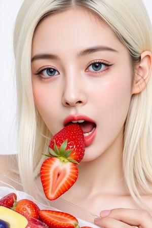 A close-up advertising shot of a girl with striking white hair and piercing blue eyes, provocatively biting into a juicy strawberry held in her mouth. She holds a package of assorted fruits, showcasing the freshness and appeal of the product. The scene is brightly lit, highlighting the vibrant colors of the strawberry and the fruit package against her pale skin and hair. The composition emphasizes her alluring expression and the mouthwatering fruit, perfect for a fruit product advertisement.