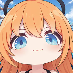 1 girl, nami, chibi, nami onepiece orange hair beautiful detail eyes, best quality, 2d, cute, cartoon, sky background, best quality, masterpiece, majestic, multicolored_hair,nami \(one piece\)
