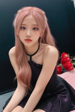 look at viewer ,red eyes make up,red lips,grin,portrait,realistic photography of 20 years old girl,roses_are_rosie,(/Rose Blackpink/),looking at viewer,pink long flowing hair,holding roses,tight black glitter bare shoulder short dress,lift up skirt,panty,long sock,thigh high,sitting in studio,recording music room,

embedding:ImgFixerPre0.3, embedding:SimplepositiveXLv1, 