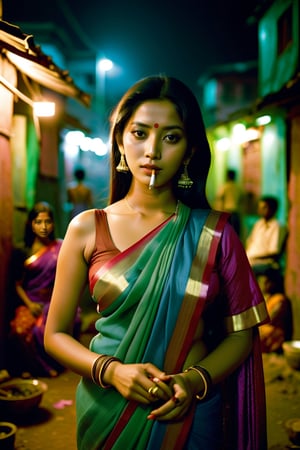 dimly lit photo, woman smoking cigarette,beautiful asian model with large breast thin waist wear,idian saree colorful clothes, looking at camera, 35mm analog film, dark Indian slum at night_time, 