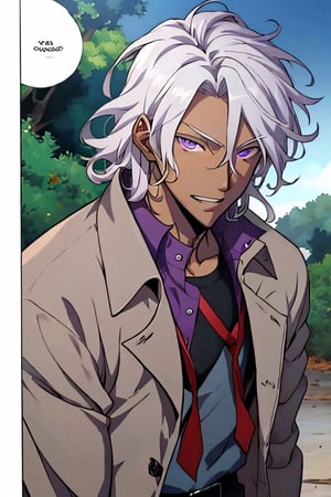 Anime_male_character, 1 man, solo, beautiful_face, perfect_face, dark_skin, long_white_hair, light_purple_eyes, wearing_on_overcoat, graphic_novel, visual_novel, manga.