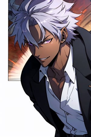 Anime_male_character, 1 man, solo, beautiful_face, perfect_face, dark_skin, long_white_hair, light_purple_eyes, wearing_on_overcoat, graphic_novel, visual_novel, manga, hight_qualit.