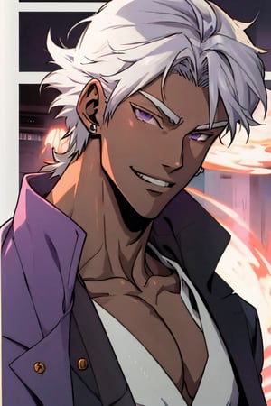 Anime_male_character, 1 man, solo, beautiful_face, perfect_face, dark_skin, long_white_hair, light_purple_eyes, wearing_on_overcoat, graphic_novel, visual_novel, manga, hight_qualit.