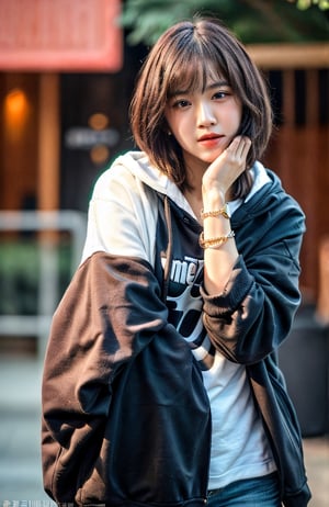 short hair, hair bangs, (photorealistic:1.4), hyper realistic, masterpiece, best quality, ultra detailed, extremely detailed face, 1girl, looking at viewer, hoodie, outdoors, full body, alluring, beautiful face, cute pose, 8k, highly detailed, hourglass figure, bracelet,