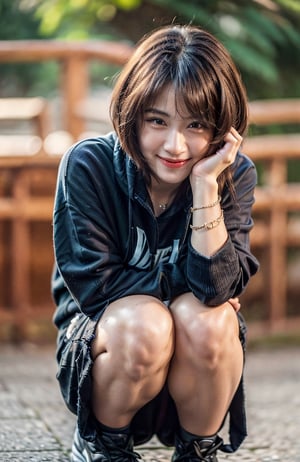 short hair, hair bangs, (photorealistic:1.4), hyper realistic, masterpiece, best quality, ultra detailed, extremely detailed face, 1girl, smiling, looking at viewer, black hoodie sweater, outdoors, full body, alluring, beautiful face, cute pose,random pose, 8k, highly detailed, hourglass figure, bracelet,